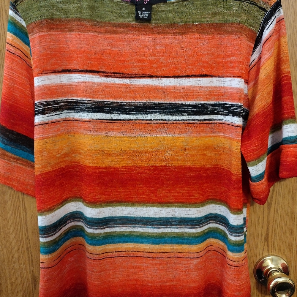 Vintage Peck & Peck XL Striped Scoop Neck Cuffed Sleeve Shirttail Hem USA